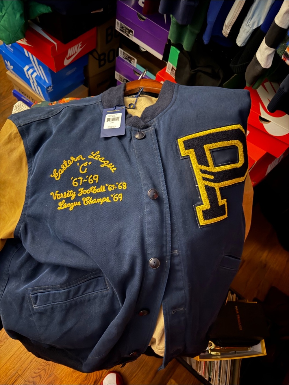 Men’s Navy and Tan Letterman Jacket with Yellow Crest and hat set